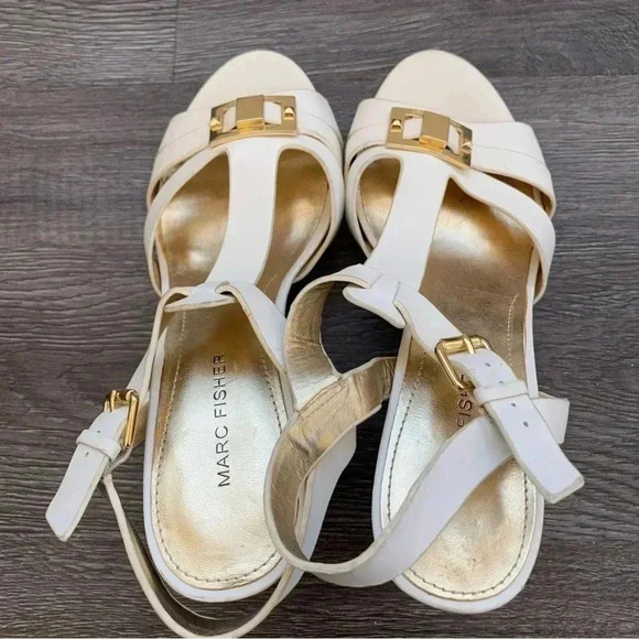 Marc Fisher Varika 2 White Leather Stiletto Sandals Heels Gold Detail: 8M - Picture 5 of 10